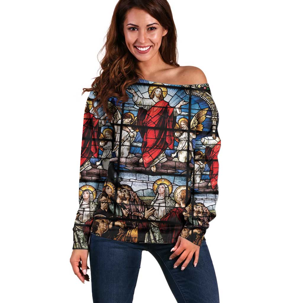 Happy Ascension Day Off Shoulder Sweater Ascension Of Jesus Christ Stained Glass Windows