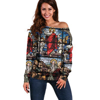 Happy Ascension Day Off Shoulder Sweater Ascension Of Jesus Christ Stained Glass Windows
