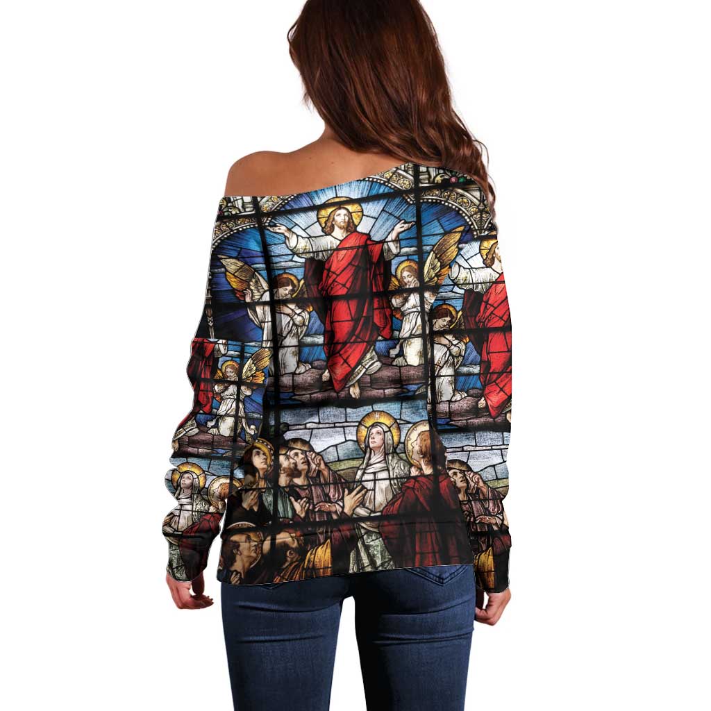 Happy Ascension Day Off Shoulder Sweater Ascension Of Jesus Christ Stained Glass Windows