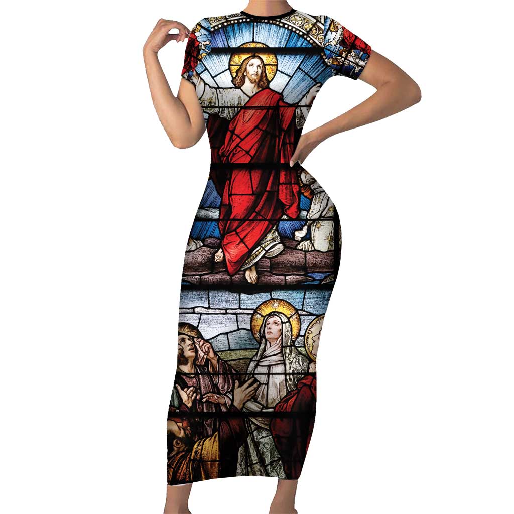 Happy Ascension Day Short Sleeve Bodycon Dress Ascension Of Jesus Christ Stained Glass Windows