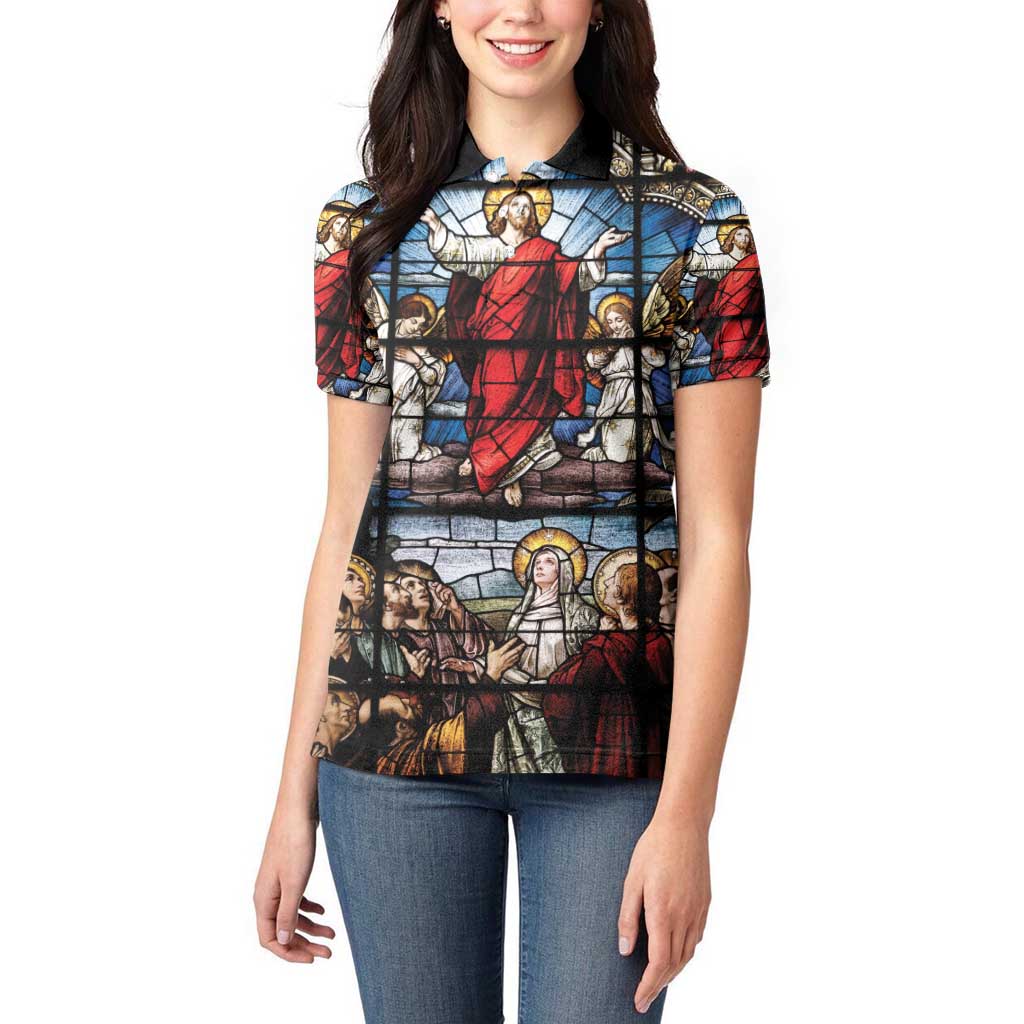Happy Ascension Day Women Polo Shirt Ascension Of Jesus Christ Stained Glass Windows