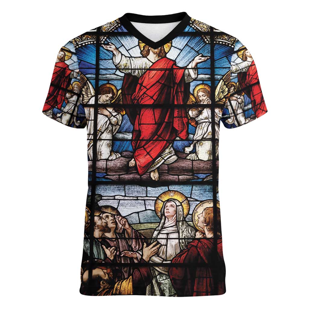Happy Ascension Day Women V-Neck T-Shirt Ascension Of Jesus Christ Stained Glass Windows