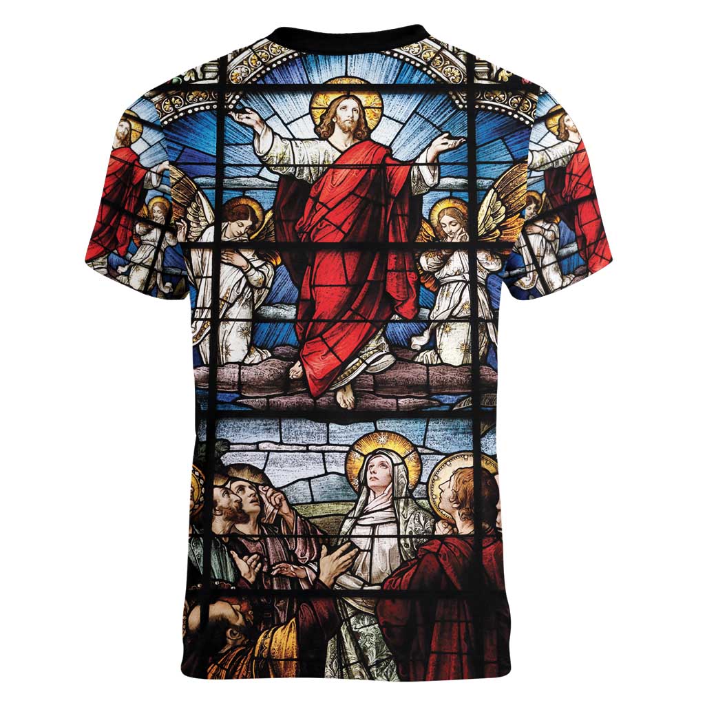 Happy Ascension Day Women V-Neck T-Shirt Ascension Of Jesus Christ Stained Glass Windows
