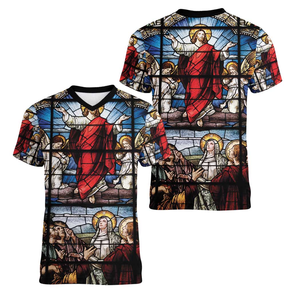 Happy Ascension Day Women V-Neck T-Shirt Ascension Of Jesus Christ Stained Glass Windows