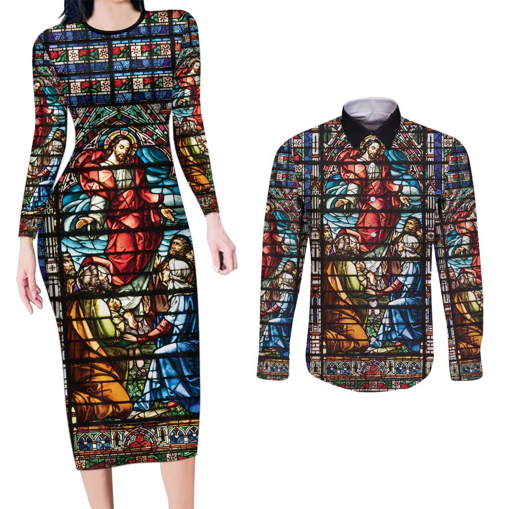 Happy Ascension Day Couples Matching Long Sleeve Bodycon Dress and Long Sleeve Button Shirt Faith and Religion Stained Glass Windows