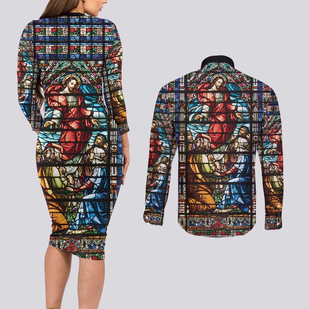 Happy Ascension Day Couples Matching Long Sleeve Bodycon Dress and Long Sleeve Button Shirt Faith and Religion Stained Glass Windows