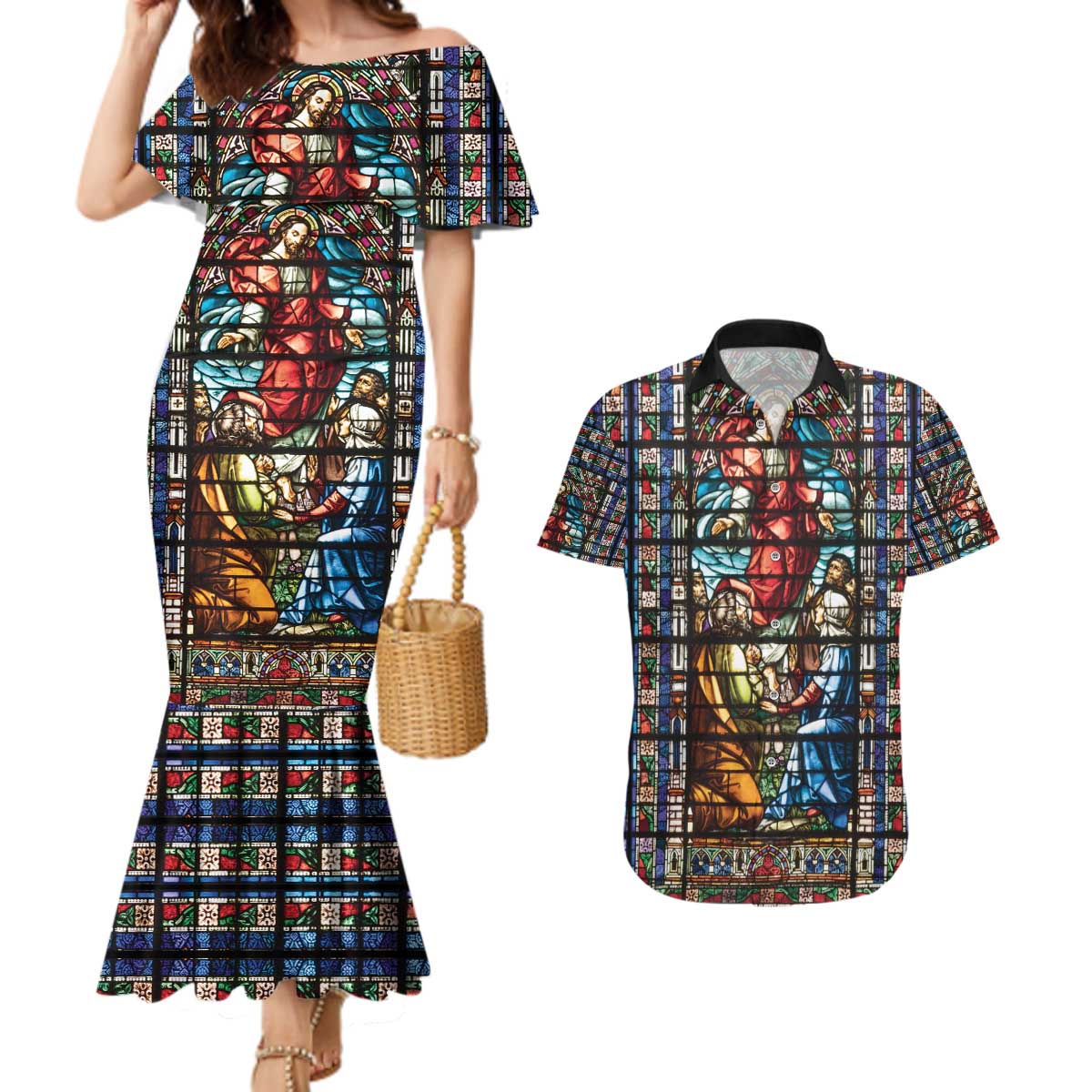 Happy Ascension Day Couples Matching Mermaid Dress and Hawaiian Shirt Faith and Religion Stained Glass Windows