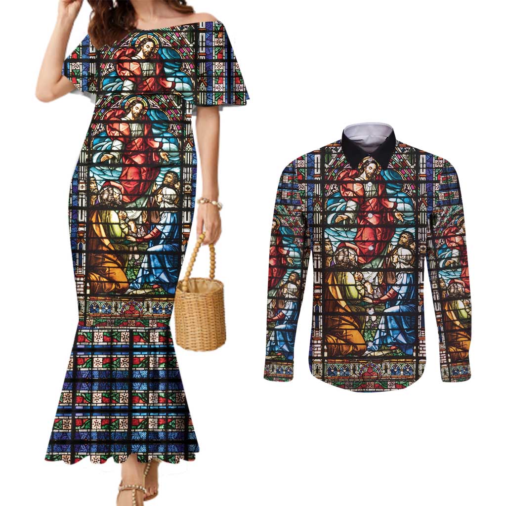 Happy Ascension Day Couples Matching Mermaid Dress and Long Sleeve Button Shirt Faith and Religion Stained Glass Windows