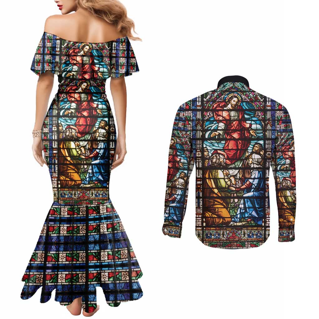 Happy Ascension Day Couples Matching Mermaid Dress and Long Sleeve Button Shirt Faith and Religion Stained Glass Windows