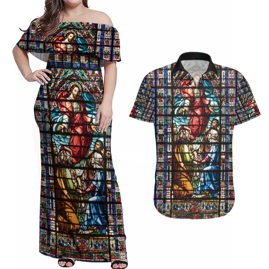 Happy Ascension Day Couples Matching Off Shoulder Maxi Dress and Hawaiian Shirt Faith and Religion Stained Glass Windows