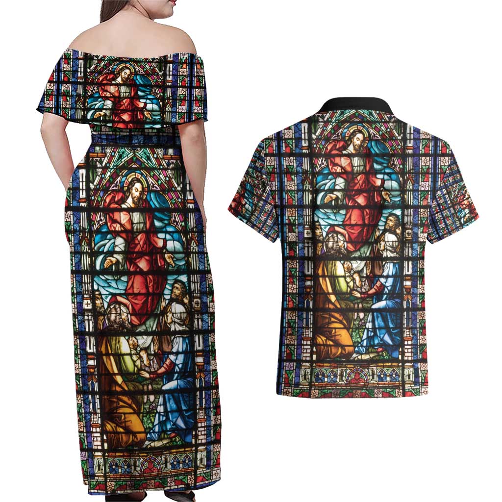 Happy Ascension Day Couples Matching Off Shoulder Maxi Dress and Hawaiian Shirt Faith and Religion Stained Glass Windows