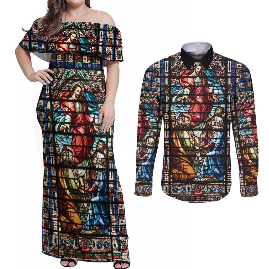 Happy Ascension Day Couples Matching Off Shoulder Maxi Dress and Long Sleeve Button Shirt Faith and Religion Stained Glass Windows