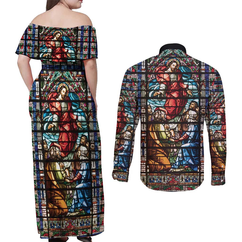 Happy Ascension Day Couples Matching Off Shoulder Maxi Dress and Long Sleeve Button Shirt Faith and Religion Stained Glass Windows