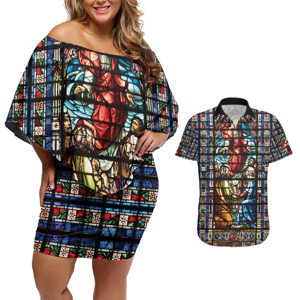 Happy Ascension Day Couples Matching Off Shoulder Short Dress and Hawaiian Shirt Faith and Religion Stained Glass Windows