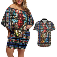 Happy Ascension Day Couples Matching Off Shoulder Short Dress and Hawaiian Shirt Faith and Religion Stained Glass Windows