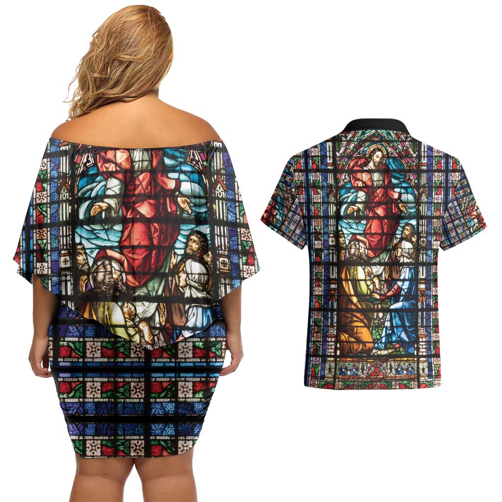Happy Ascension Day Couples Matching Off Shoulder Short Dress and Hawaiian Shirt Faith and Religion Stained Glass Windows