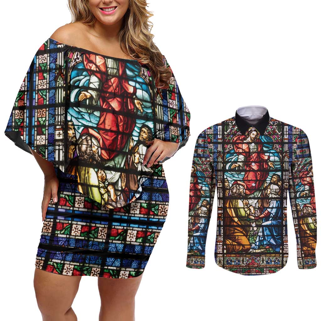 Happy Ascension Day Couples Matching Off Shoulder Short Dress and Long Sleeve Button Shirt Faith and Religion Stained Glass Windows