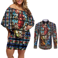 Happy Ascension Day Couples Matching Off Shoulder Short Dress and Long Sleeve Button Shirt Faith and Religion Stained Glass Windows