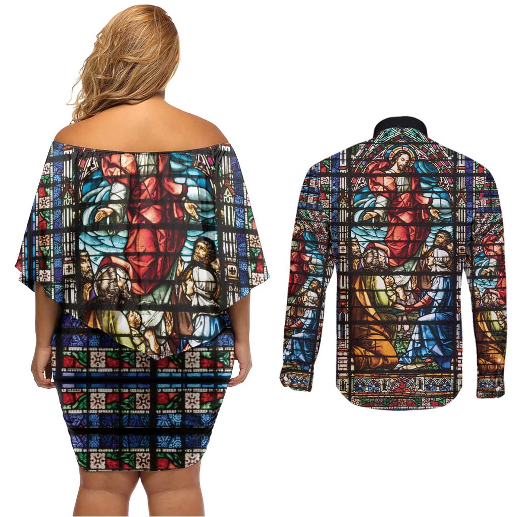Happy Ascension Day Couples Matching Off Shoulder Short Dress and Long Sleeve Button Shirt Faith and Religion Stained Glass Windows