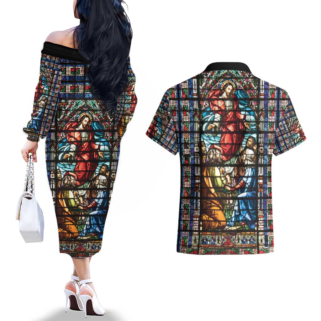 Happy Ascension Day Couples Matching Off The Shoulder Long Sleeve Dress and Hawaiian Shirt Faith and Religion Stained Glass Windows