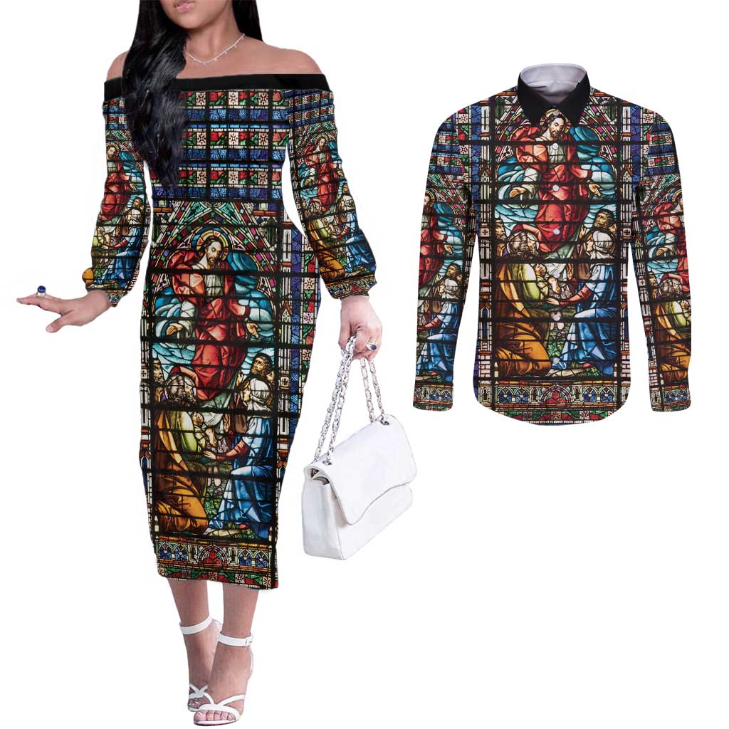 Happy Ascension Day Couples Matching Off The Shoulder Long Sleeve Dress and Long Sleeve Button Shirt Faith and Religion Stained Glass Windows