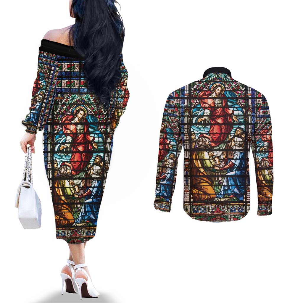 Happy Ascension Day Couples Matching Off The Shoulder Long Sleeve Dress and Long Sleeve Button Shirt Faith and Religion Stained Glass Windows