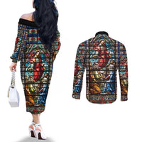 Happy Ascension Day Couples Matching Off The Shoulder Long Sleeve Dress and Long Sleeve Button Shirt Faith and Religion Stained Glass Windows