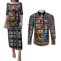 Happy Ascension Day Couples Matching Puletasi and Long Sleeve Button Shirt Faith and Religion Stained Glass Windows