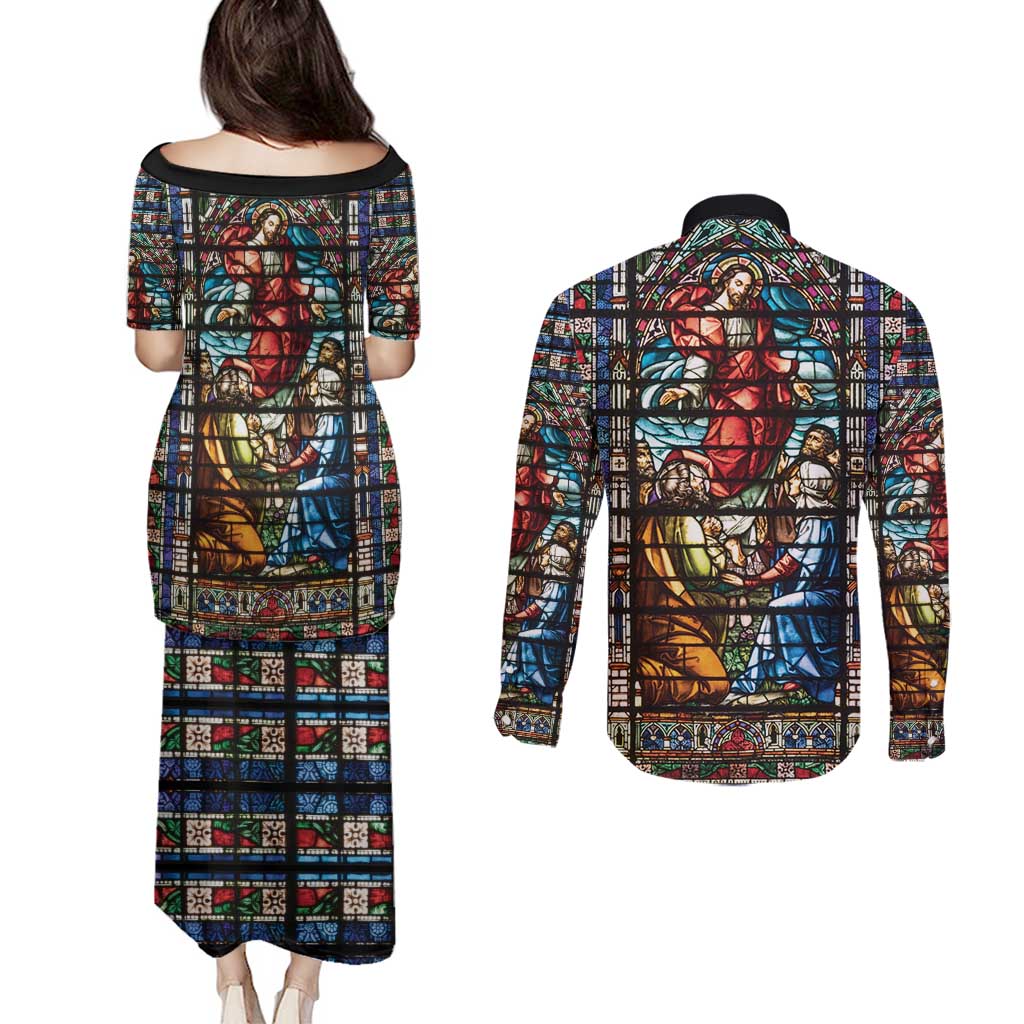 Happy Ascension Day Couples Matching Puletasi and Long Sleeve Button Shirt Faith and Religion Stained Glass Windows