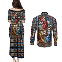 Happy Ascension Day Couples Matching Puletasi and Long Sleeve Button Shirt Faith and Religion Stained Glass Windows