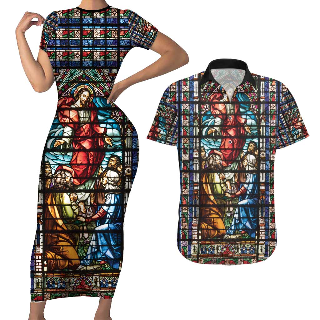 Happy Ascension Day Couples Matching Short Sleeve Bodycon Dress and Hawaiian Shirt Faith and Religion Stained Glass Windows