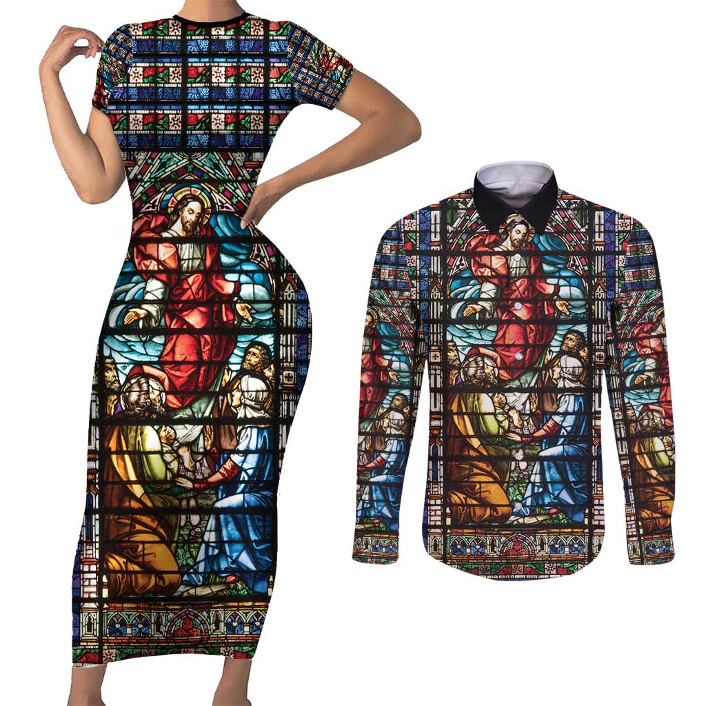 Happy Ascension Day Couples Matching Short Sleeve Bodycon Dress and Long Sleeve Button Shirt Faith and Religion Stained Glass Windows