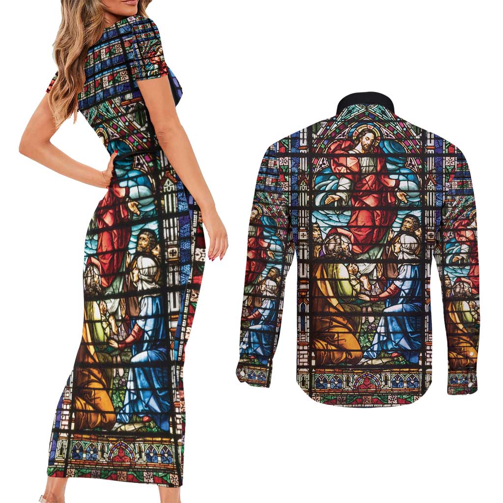 Happy Ascension Day Couples Matching Short Sleeve Bodycon Dress and Long Sleeve Button Shirt Faith and Religion Stained Glass Windows