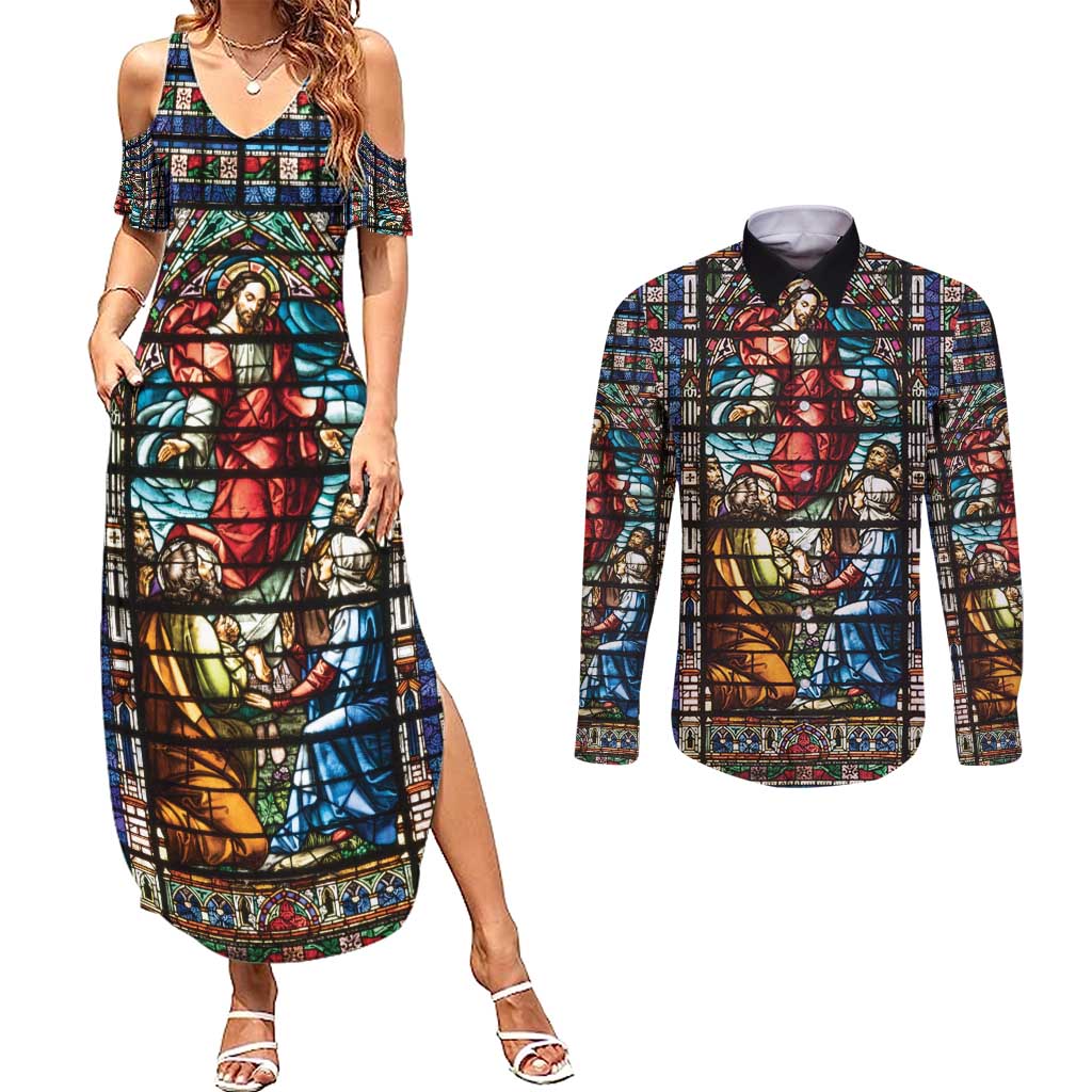 Happy Ascension Day Couples Matching Summer Maxi Dress and Long Sleeve Button Shirt Faith and Religion Stained Glass Windows