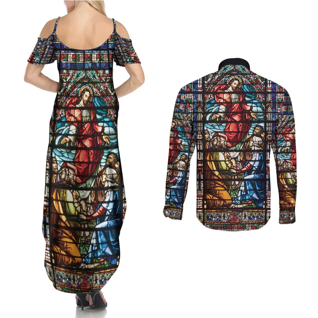Happy Ascension Day Couples Matching Summer Maxi Dress and Long Sleeve Button Shirt Faith and Religion Stained Glass Windows