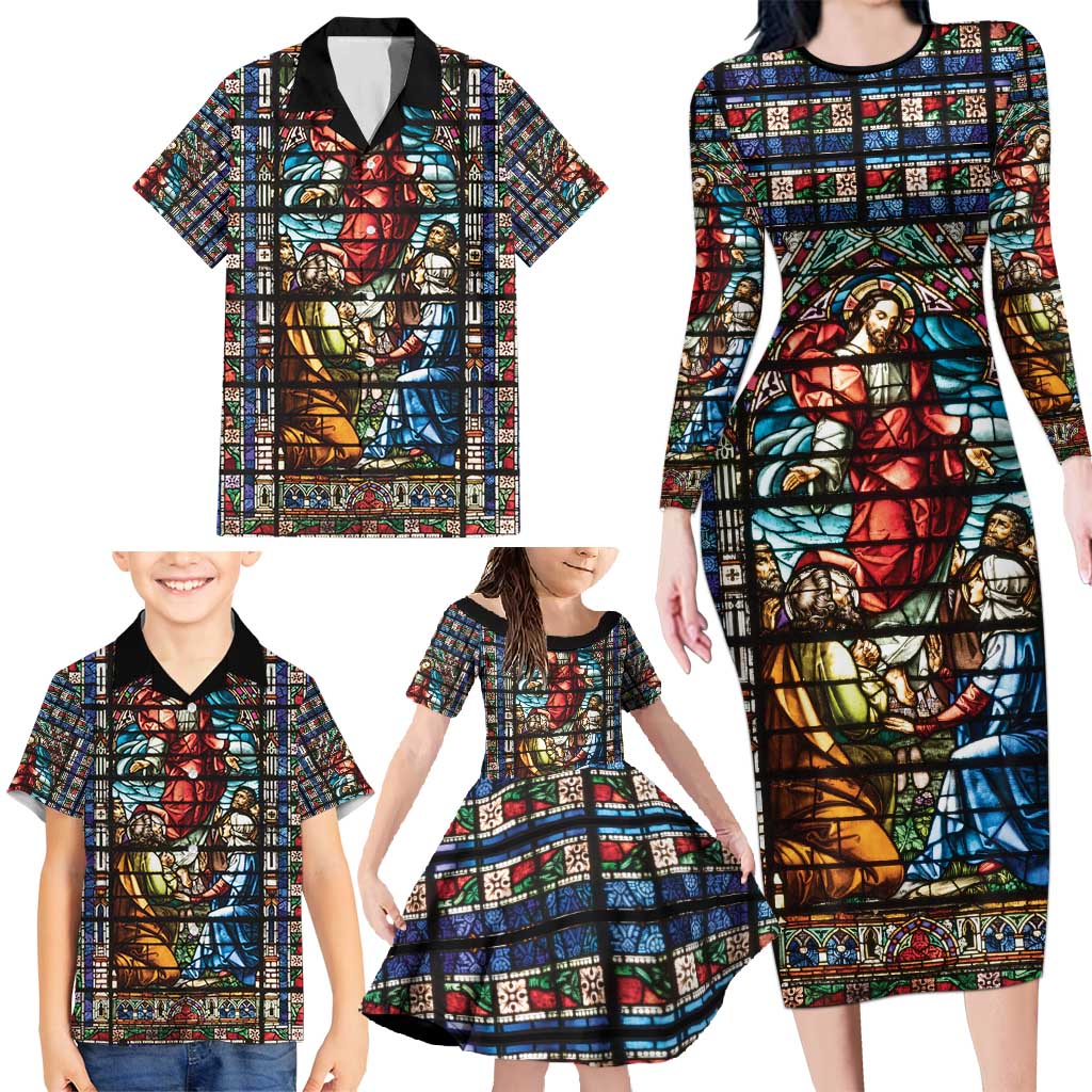 Happy Ascension Day Family Matching Long Sleeve Bodycon Dress and Hawaiian Shirt Faith and Religion Stained Glass Windows