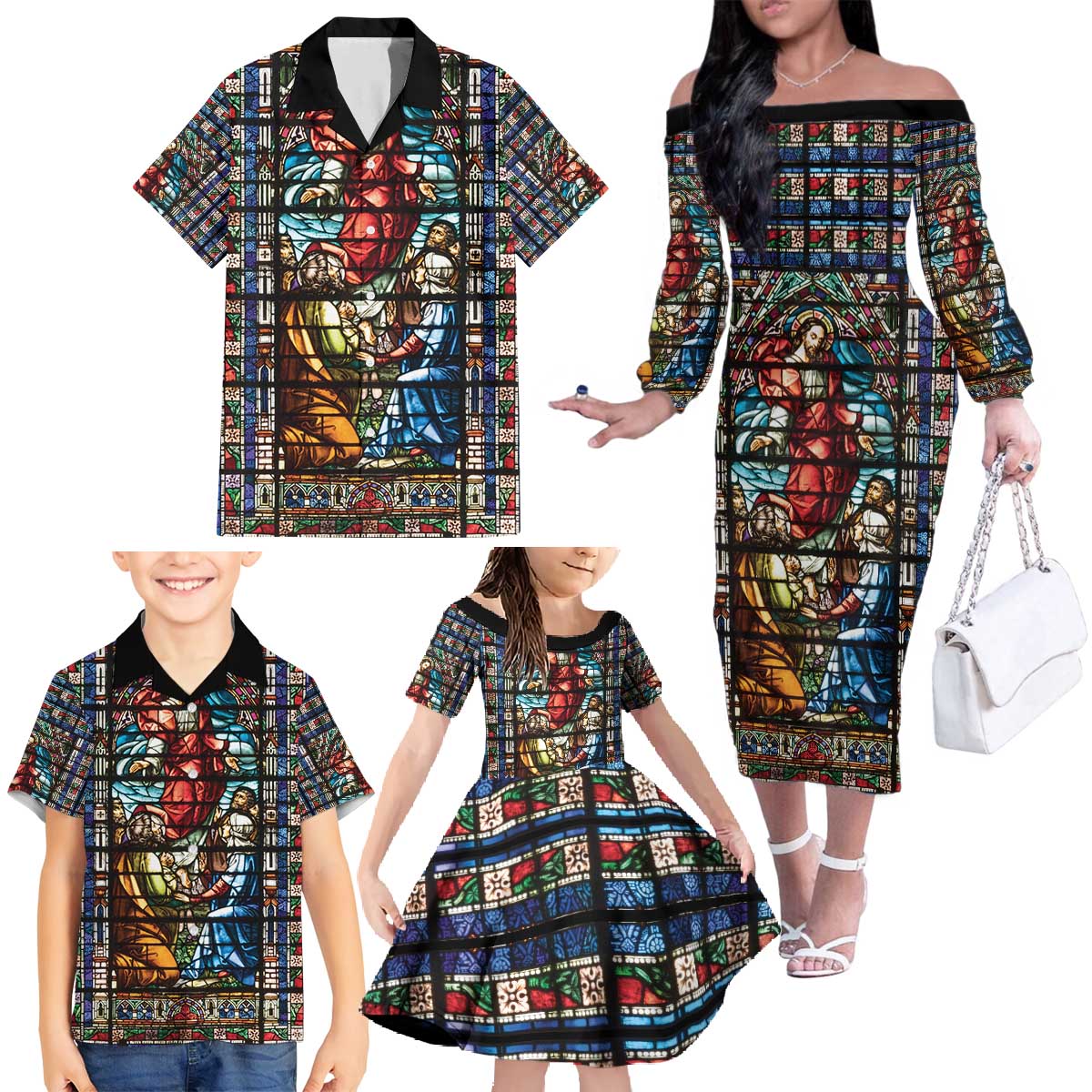 Happy Ascension Day Family Matching Off The Shoulder Long Sleeve Dress and Hawaiian Shirt Faith and Religion Stained Glass Windows