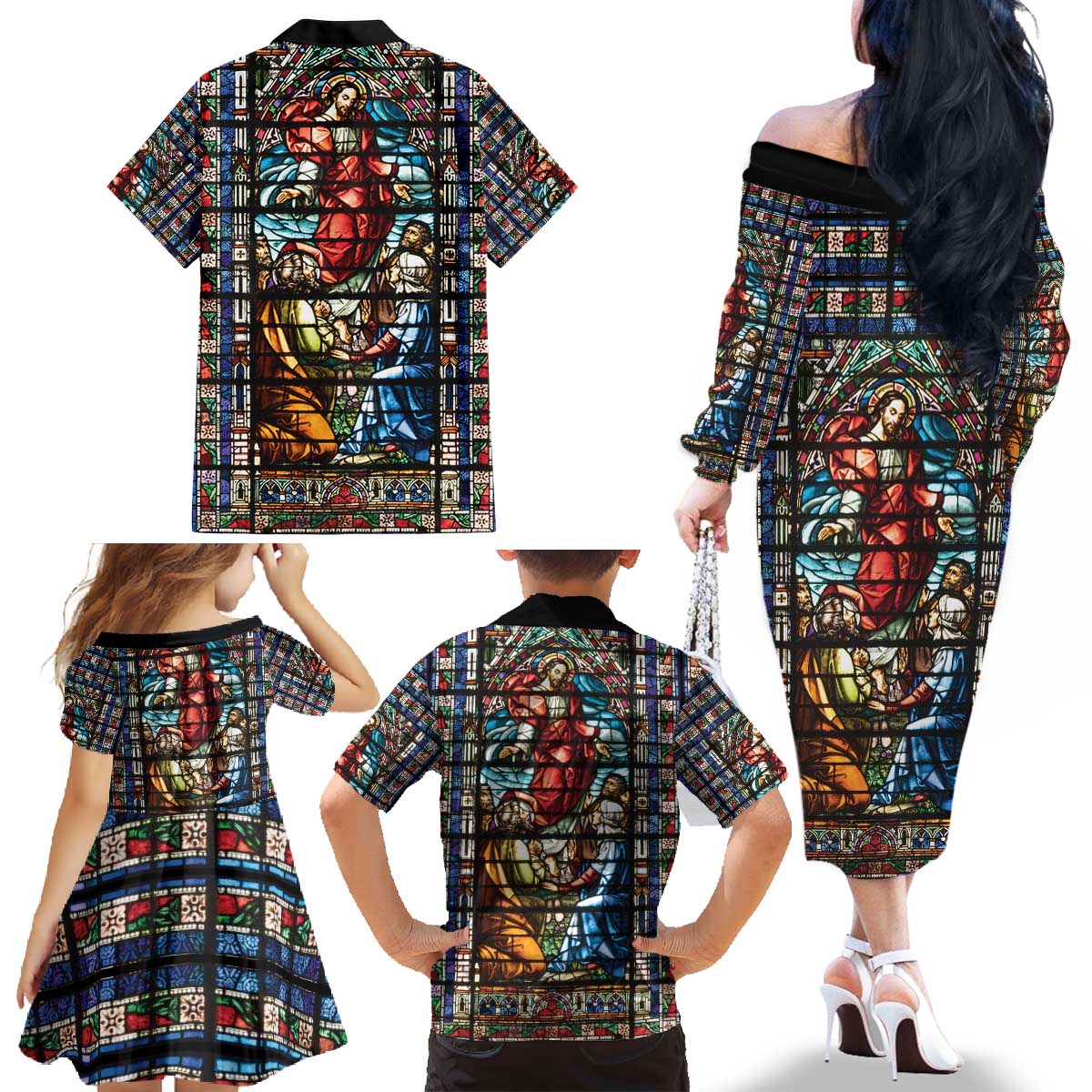 Happy Ascension Day Family Matching Off The Shoulder Long Sleeve Dress and Hawaiian Shirt Faith and Religion Stained Glass Windows