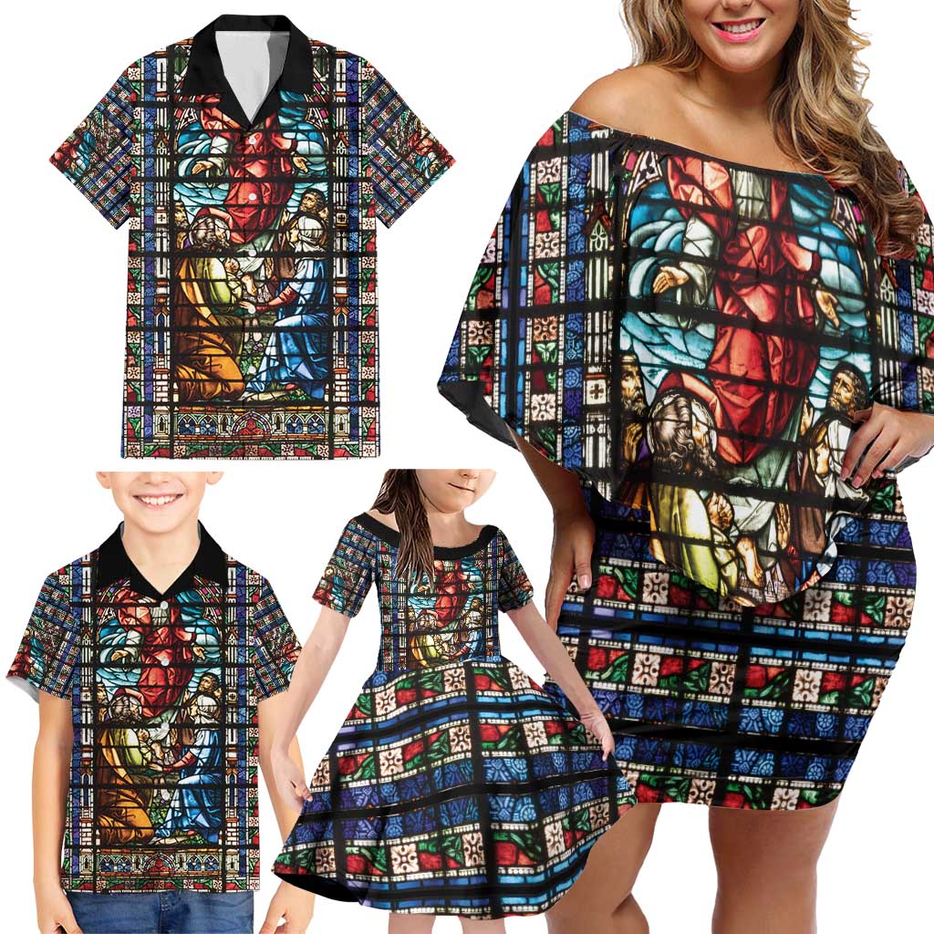 Happy Ascension Day Family Matching Off Shoulder Short Dress and Hawaiian Shirt Faith and Religion Stained Glass Windows