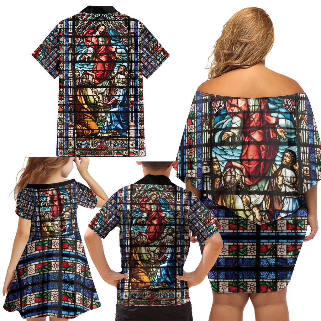 Happy Ascension Day Family Matching Off Shoulder Short Dress and Hawaiian Shirt Faith and Religion Stained Glass Windows