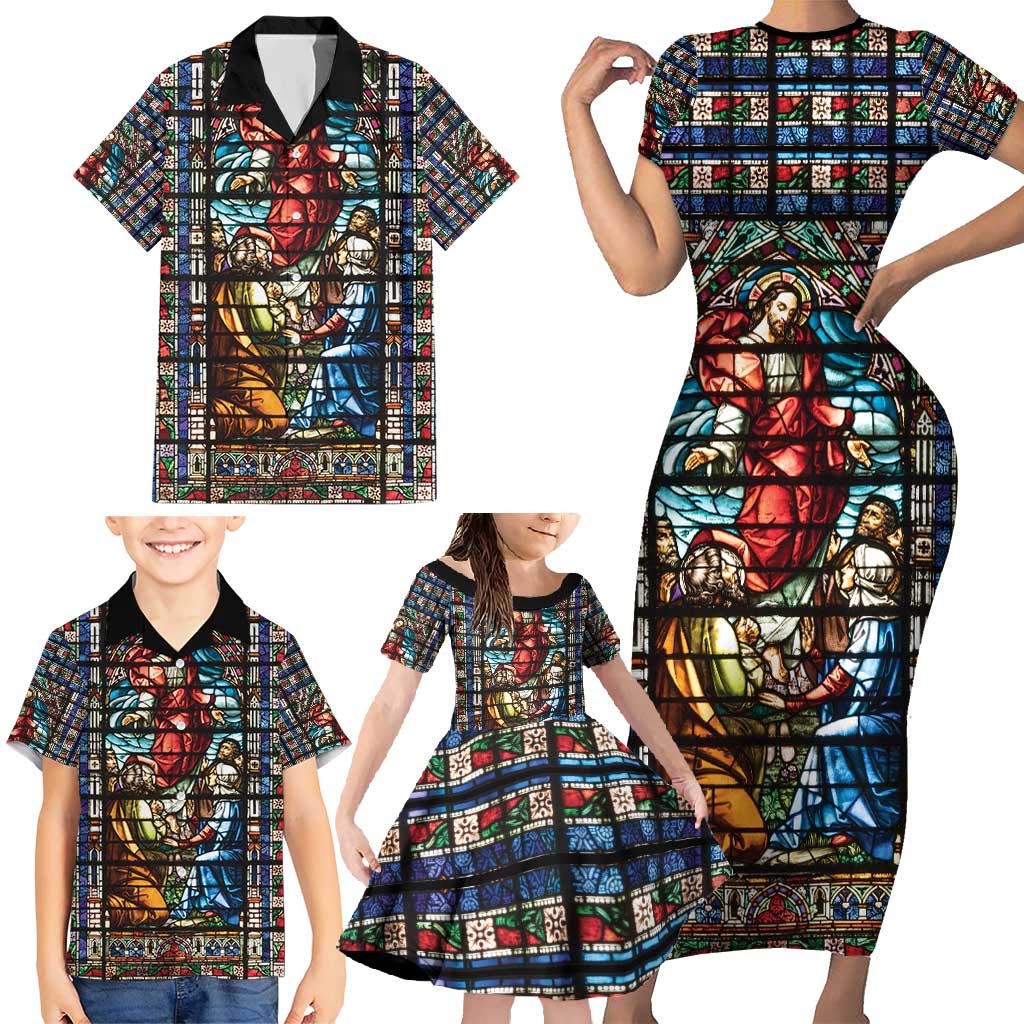 Happy Ascension Day Family Matching Short Sleeve Bodycon Dress and Hawaiian Shirt Faith and Religion Stained Glass Windows