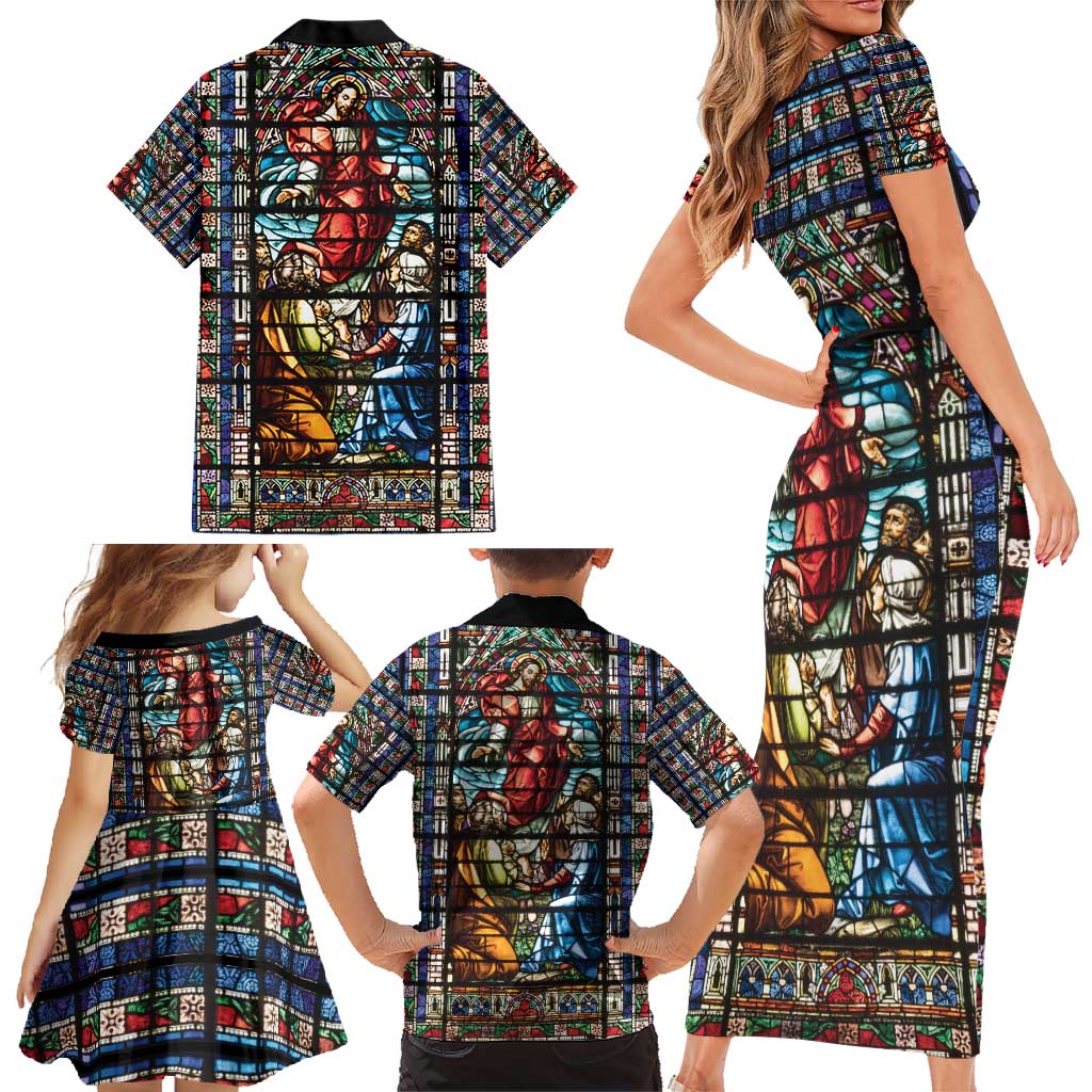 Happy Ascension Day Family Matching Short Sleeve Bodycon Dress and Hawaiian Shirt Faith and Religion Stained Glass Windows