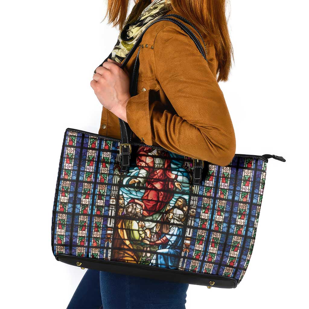 Happy Ascension Day Leather Tote Bag Faith and Religion Stained Glass Windows