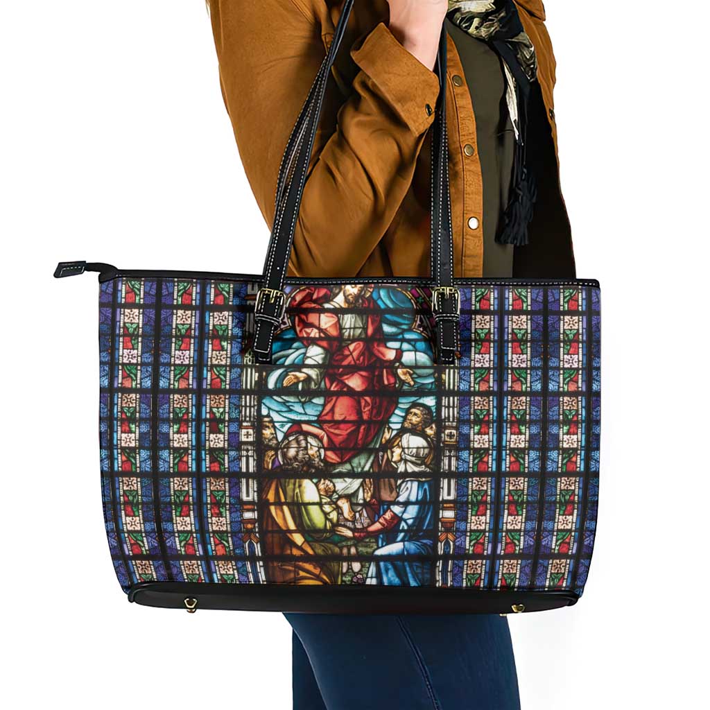 Happy Ascension Day Leather Tote Bag Faith and Religion Stained Glass Windows