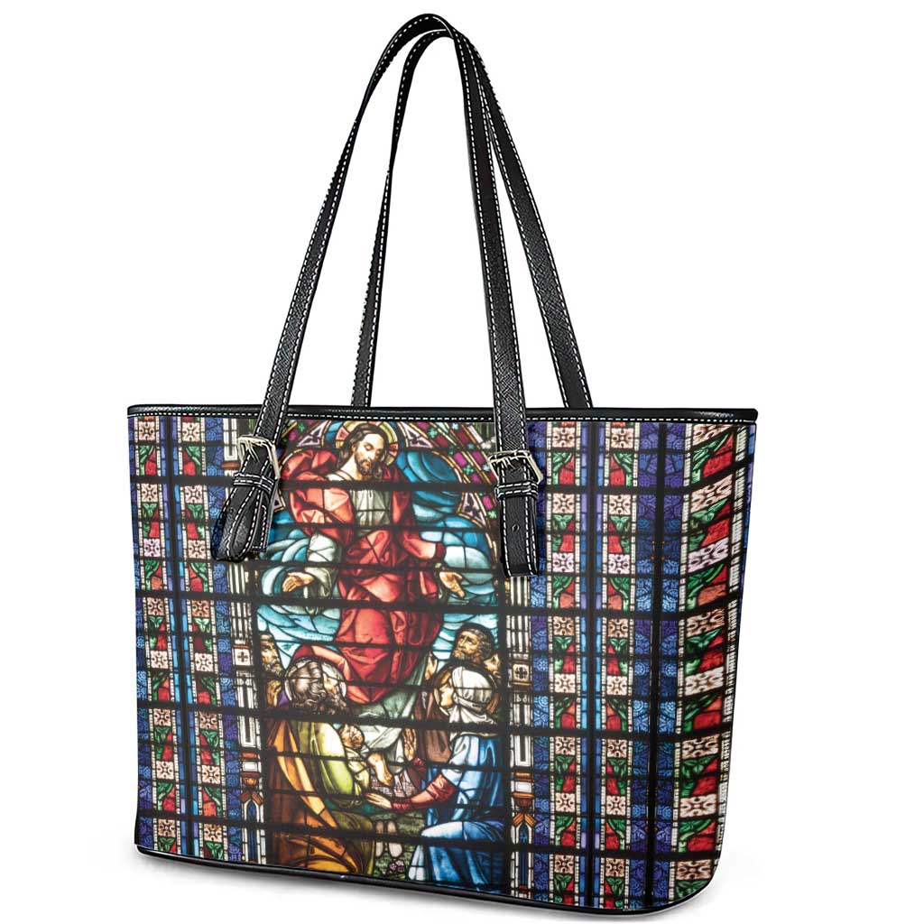 Happy Ascension Day Leather Tote Bag Faith and Religion Stained Glass Windows