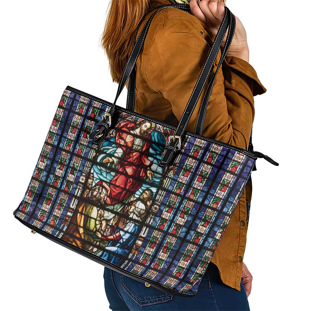 Happy Ascension Day Leather Tote Bag Faith and Religion Stained Glass Windows