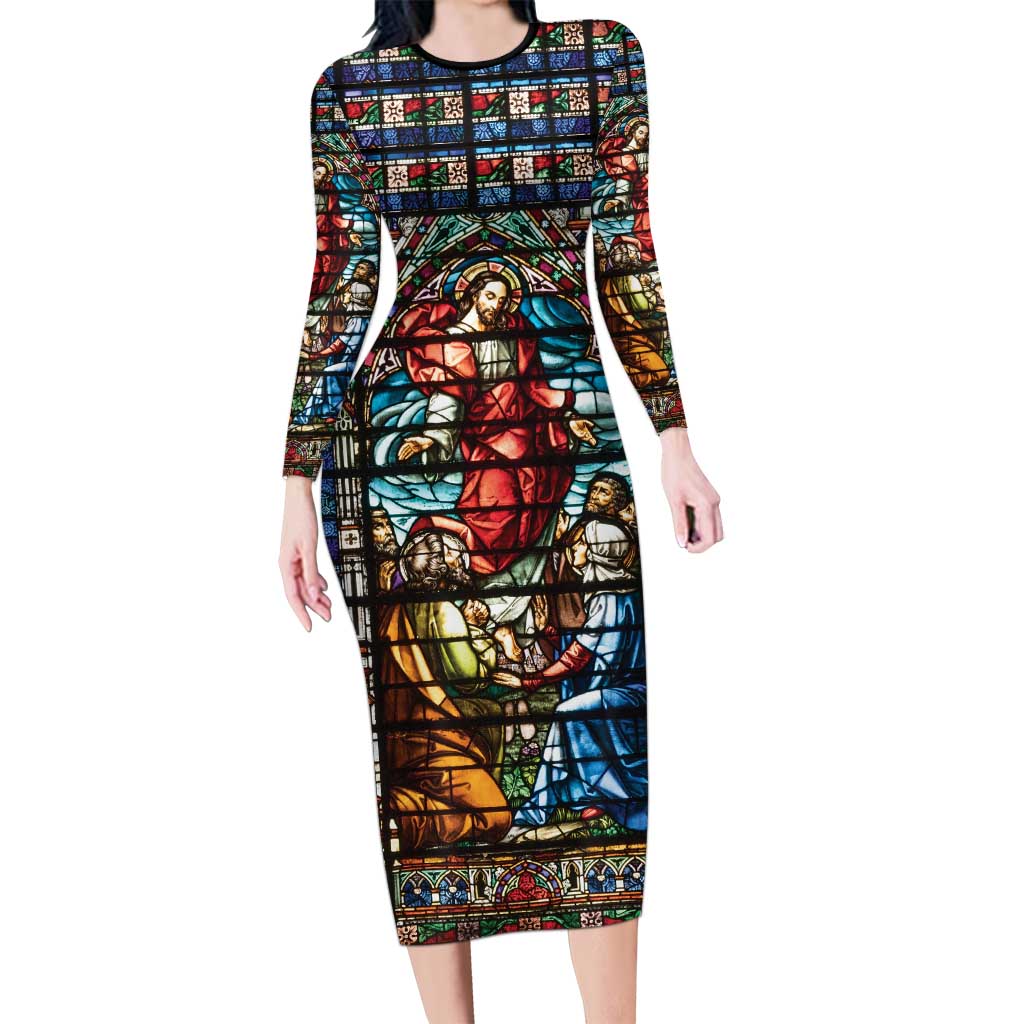 Happy Ascension Day Long Sleeve Bodycon Dress Faith and Religion Stained Glass Windows