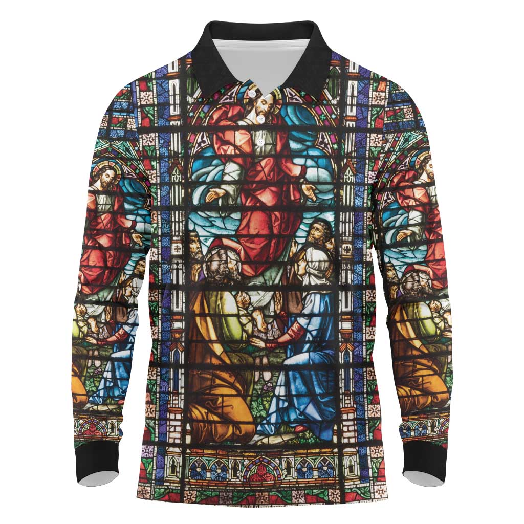 Happy Ascension Day Long Sleeve Polo Shirt Faith and Religion Stained Glass Windows