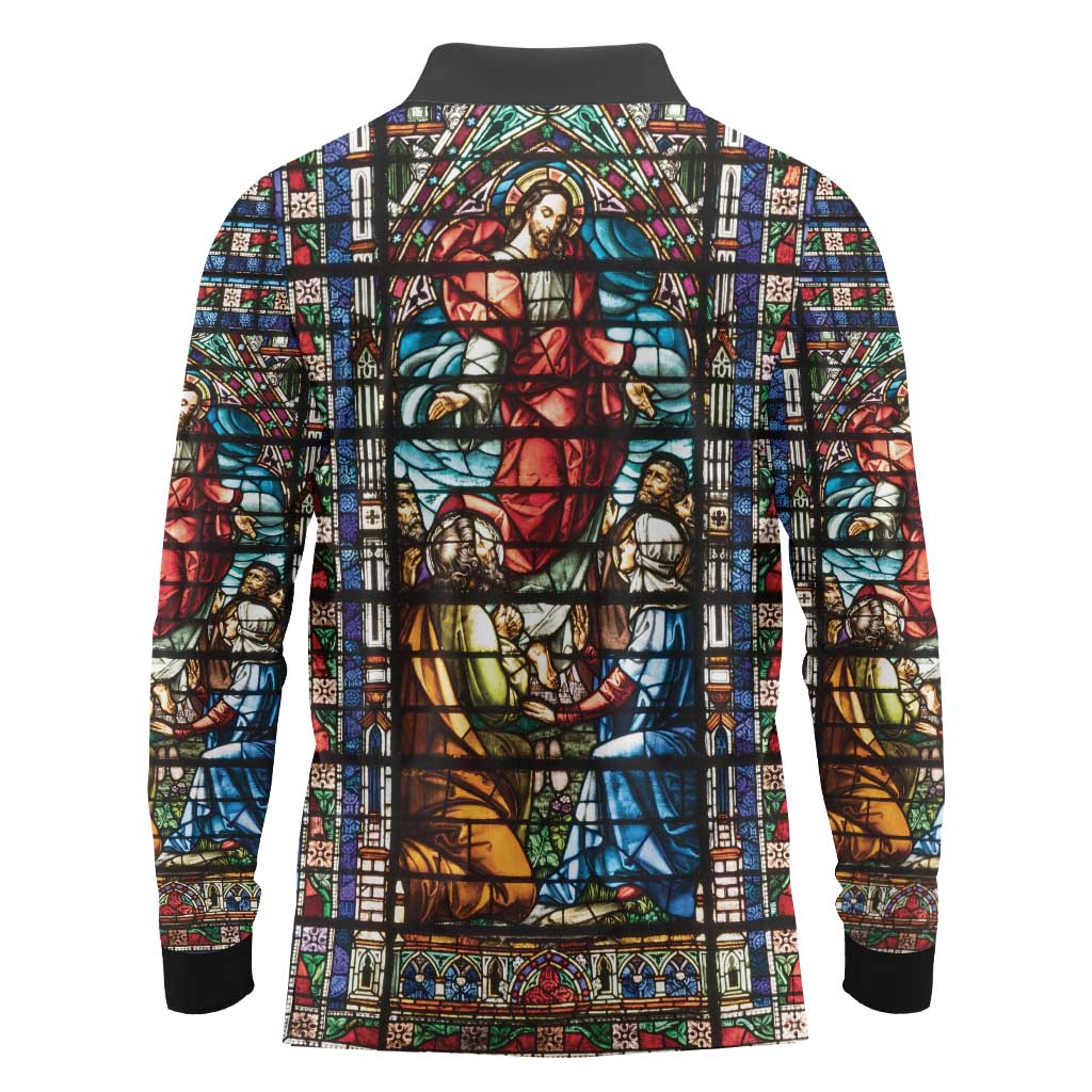 Happy Ascension Day Long Sleeve Polo Shirt Faith and Religion Stained Glass Windows