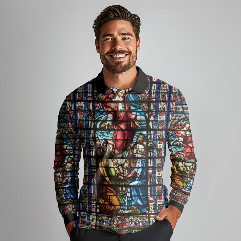 Happy Ascension Day Long Sleeve Polo Shirt Faith and Religion Stained Glass Windows